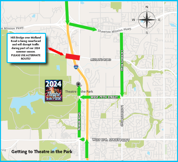 detour map to theatre in the park bypassing construction on midland drive at 435