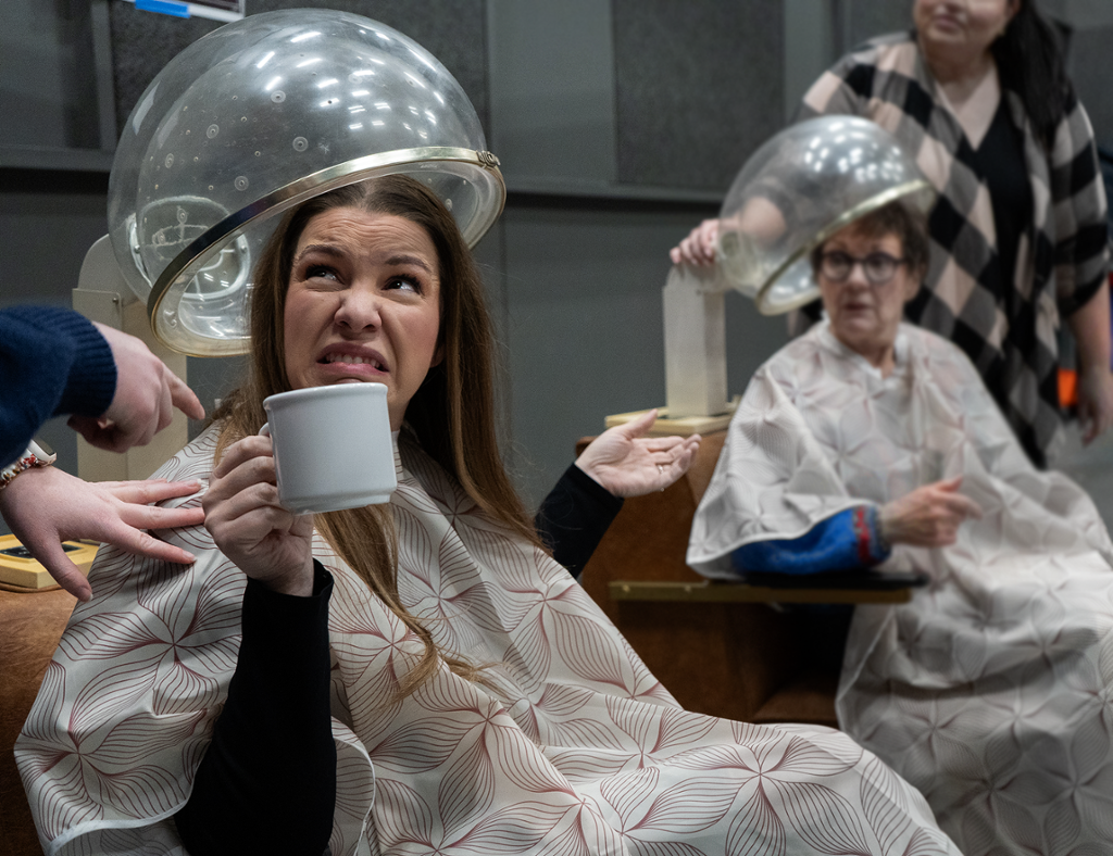 two characters sitting under hair dryers in a beauty shop