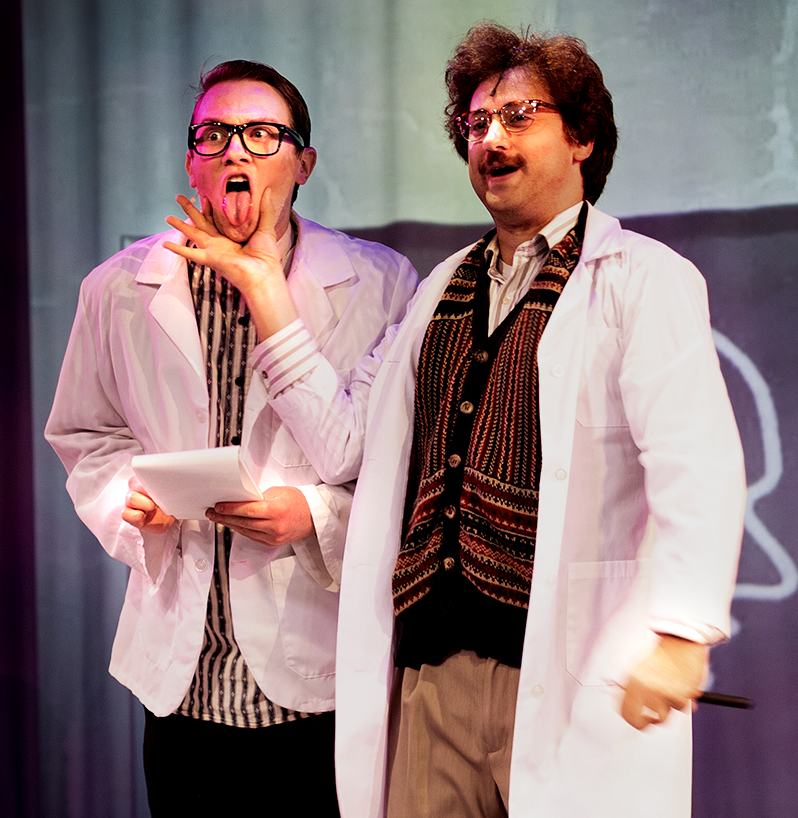 Dr. Frankenstein in the classroom with a student assistant