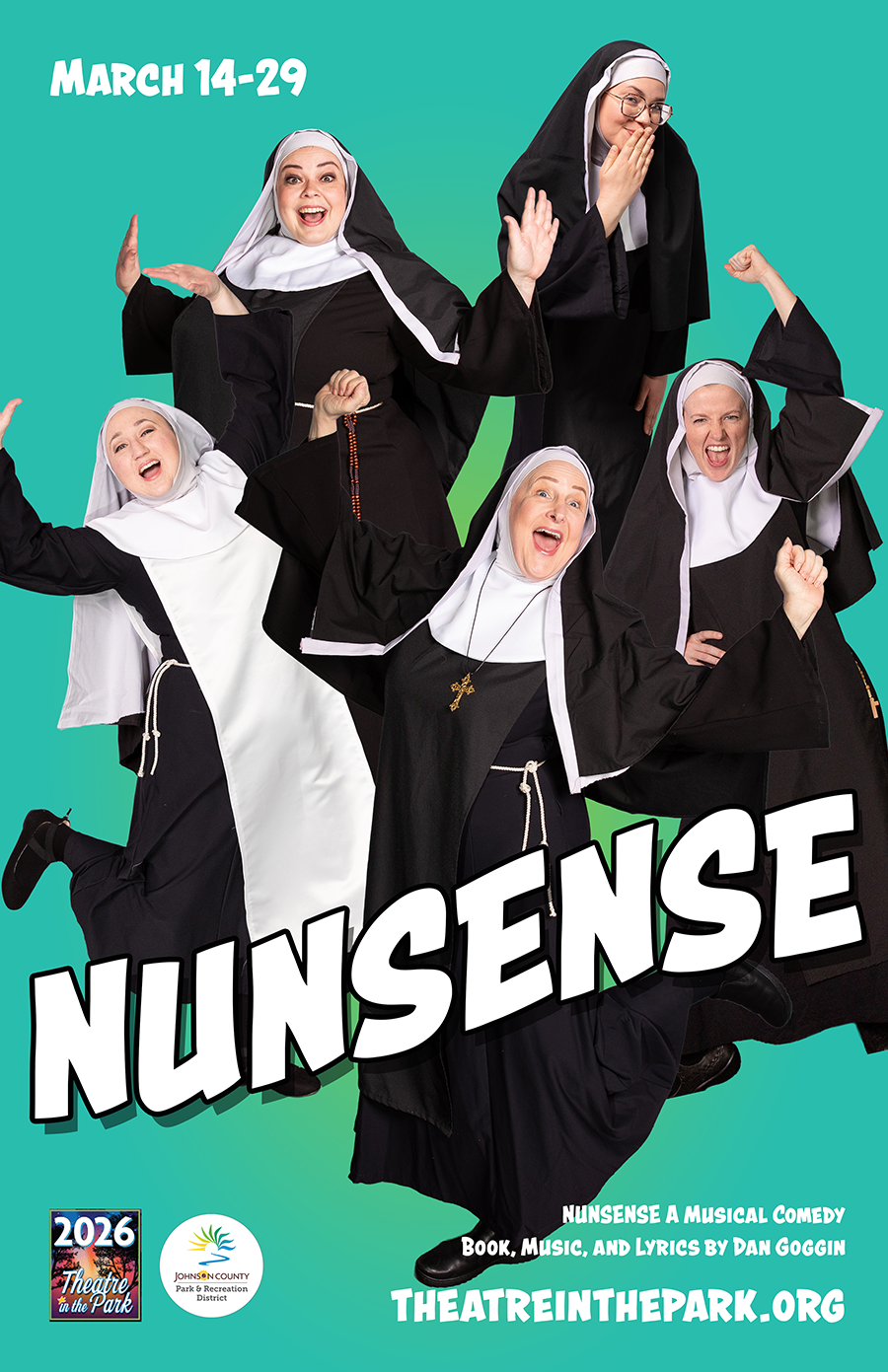 Poster for Nunsense with 5 suns smiling and acting silly