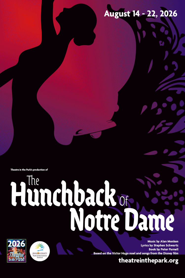 The Hunchback of Notre Dame show poster with large silhouette image of woman dancing in large flowing skirt and indicating the date Outdoor August 14 - 22