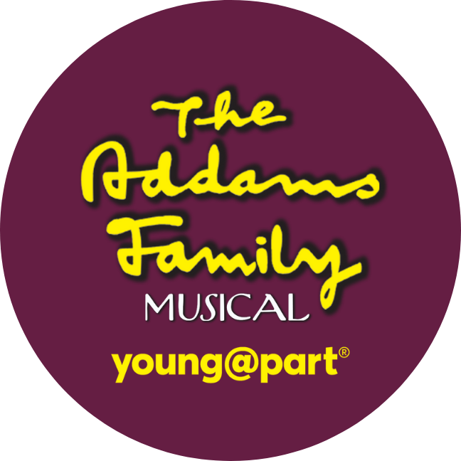 Addams Family logo on a maroon circle graphic