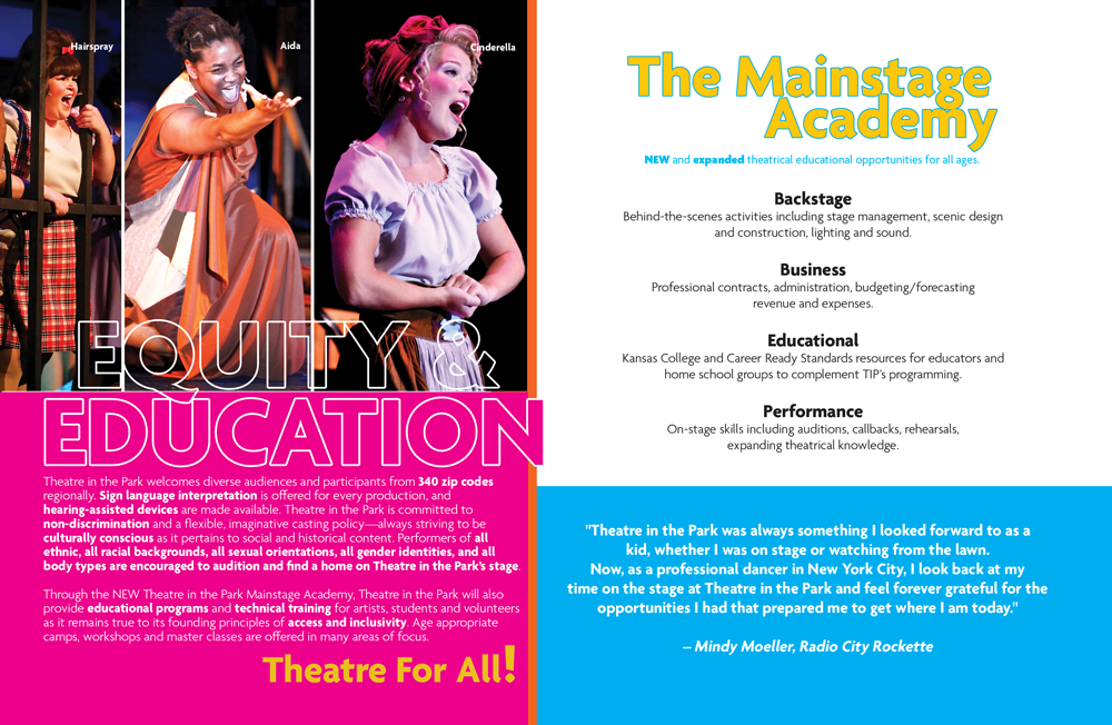 images of performers from hairspray, aida and cinderella and description of mainstage classes offered in new facility